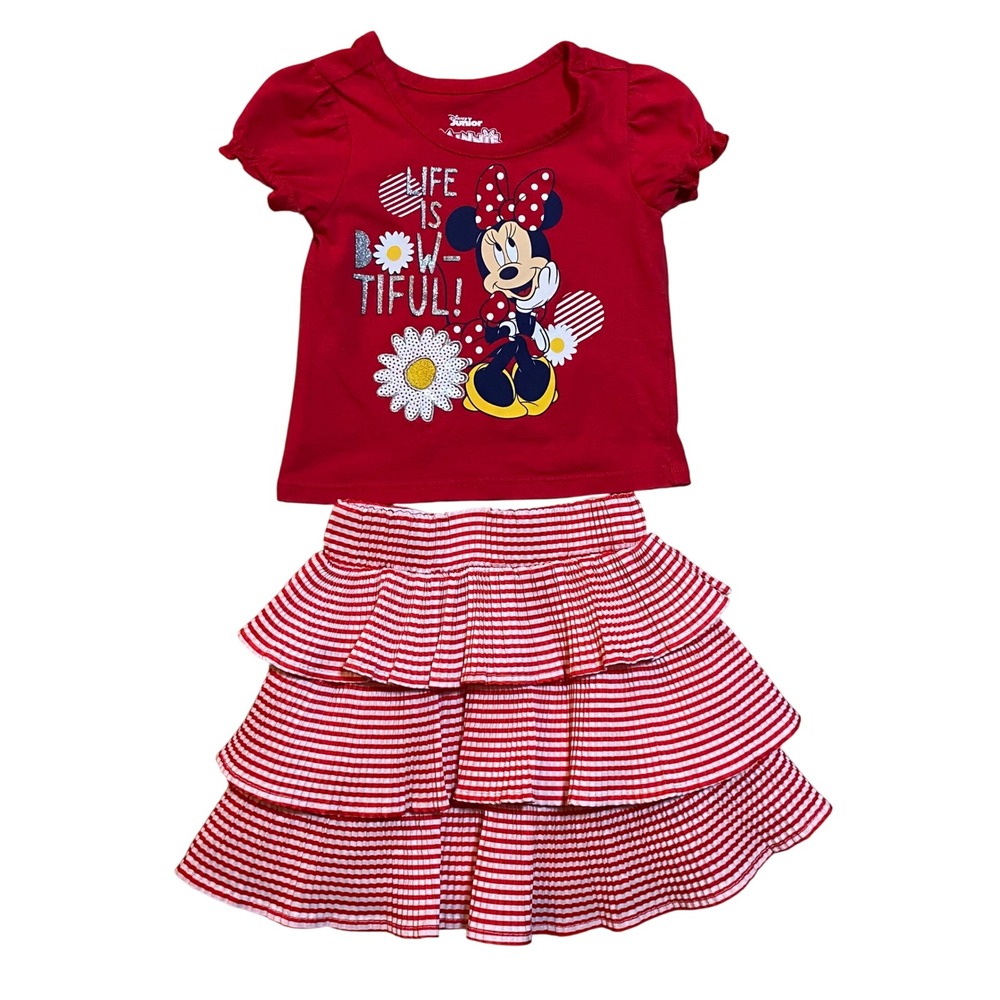 DISNEY JUNIOR Minnie Mouse Skirt Set Size 2T Red Striped Glitter Sequin Floral